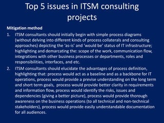 Top 5 issues in ITSM consulting
projects
Mitigation method
1. ITSM consultants should initially begin with simple process diagrams
(without delving into different kinds of process collaterals and consulting
approaches) depicting the ‘as-is’ and ‘would be’ status of IT infrastructure;
highlighting and demarcating the: scope of the work, communication flow,
integrations with other business processes or departments, roles and
responsibilities, interfaces, and etc.
2. ITSM consultants should elucidate the advantages of process definition,
highlighting that: process would act as a baseline and as a backbone for IT
operations, process would provide a previse understanding on the long term
and short term goals, process would provide better clarity in requirements
and information flow, process would identify the risks, issues and
dependencies (giving a better picture), process would provide thorough
awareness on the business operations (to all technical and non-technical
stakeholders), process would provide easily understandable documentation
for all audiences.

 