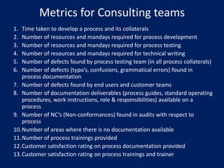 Metrics for Consulting teams
1.
2.
3.
4.
5.
6.

Time taken to develop a process and its collaterals
Number of resources and mandays required for process development
Number of resources and mandays required for process testing
Number of resources and mandays required for technical writing
Number of defects found by process testing team (in all process collaterals)
Number of defects (typo’s, confusions, grammatical errors) found in
process documentation
7. Number of defects found by end users and customer teams
8. Number of documentation deliverables (process guides, standard operating
procedures, work instructions, role & responsibilities) available on a
process
9. Number of NC’s (Non-conformances) found in audits with respect to
process
10.Number of areas where there is no documentation available
11.Number of process trainings provided
12.Customer satisfaction rating on process documentation provided
13.Customer satisfaction rating on process trainings and trainer

 