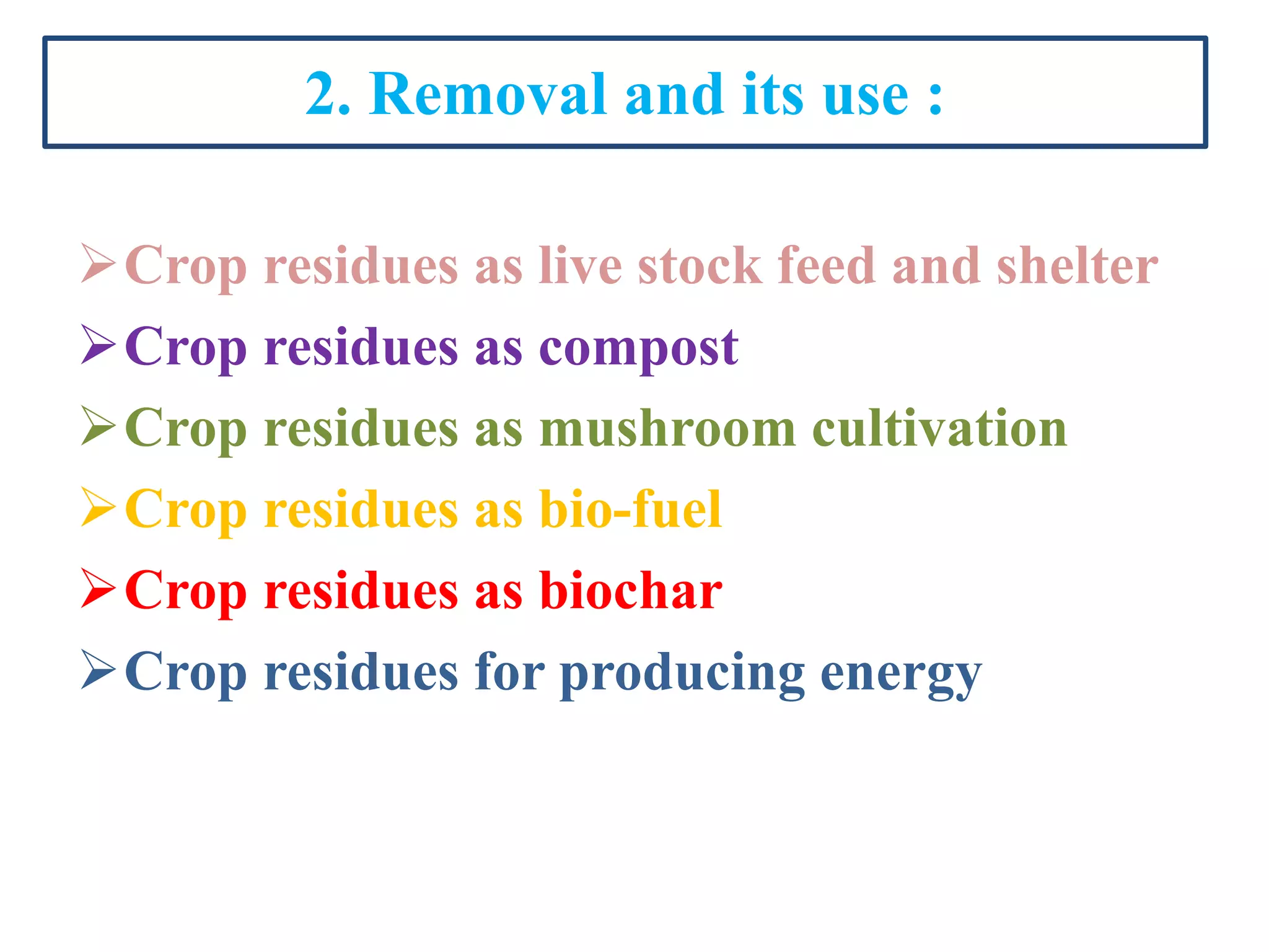 2. Removal and its use :
Crop residues as live stock feed and shelter
Crop residues as compost
Crop residues as mushroom cultivation
Crop residues as bio-fuel
Crop residues as biochar
Crop residues for producing energy
 