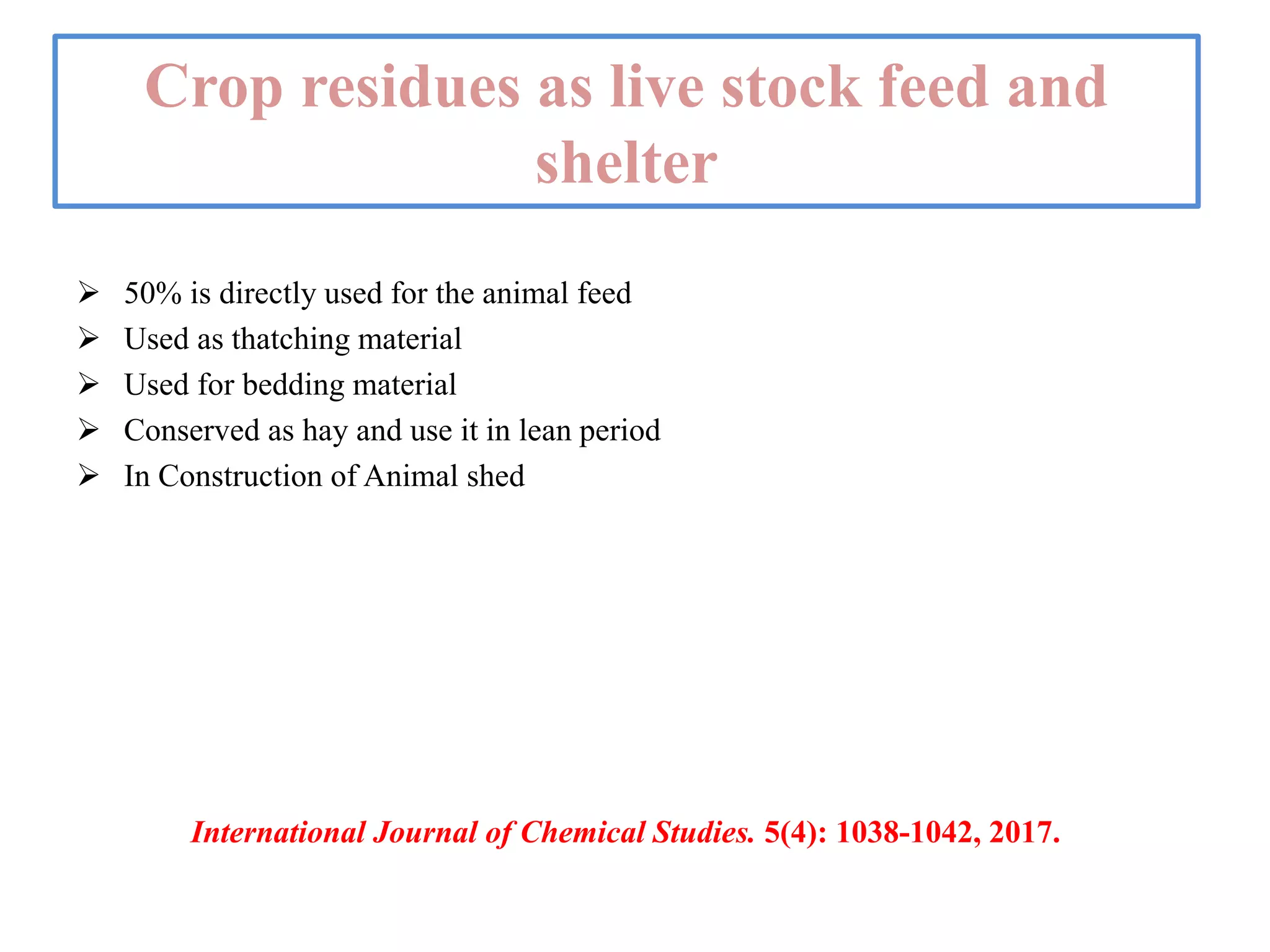 Crop residues as live stock feed and
shelter
 50% is directly used for the animal feed
 Used as thatching material
 Used for bedding material
 Conserved as hay and use it in lean period
 In Construction of Animal shed
International Journal of Chemical Studies. 5(4): 1038-1042, 2017.
 