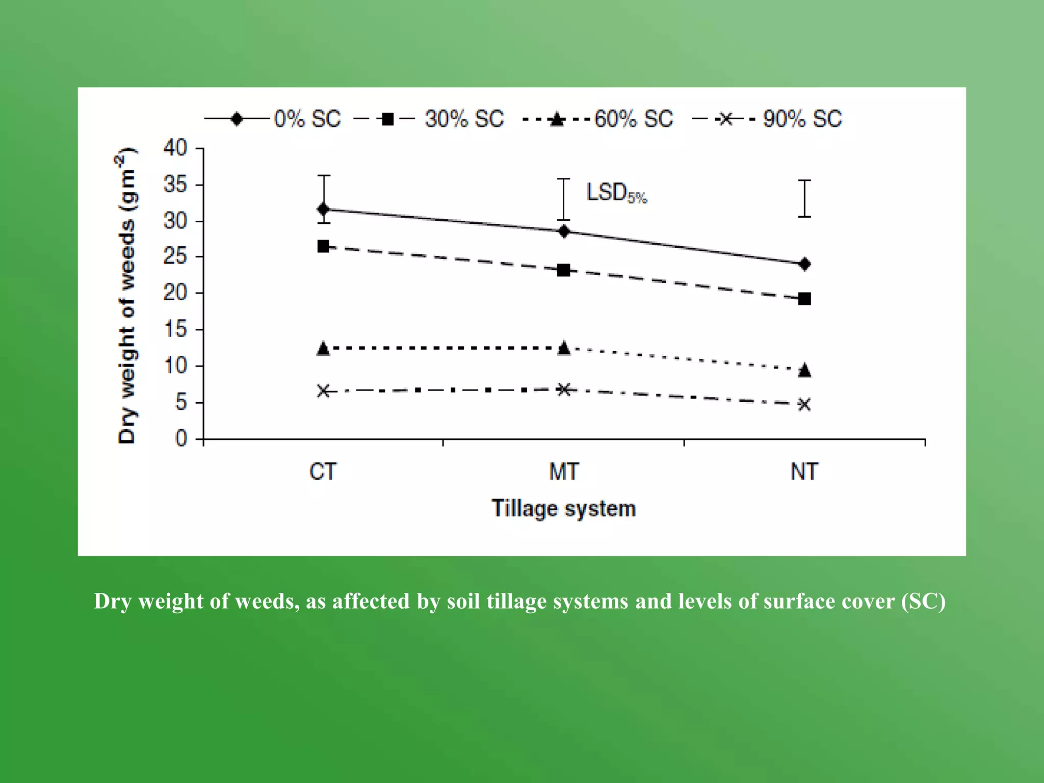 Dry weight of weeds, as affected by soil tillage systems and levels of surface cover (SC)
 