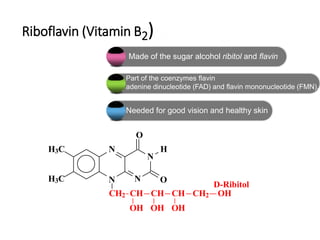 Riboflavin (Vitamin B2)
0
30%
55%
Made of the sugar alcohol ribitol and flavin
Part of the coenzymes flavin
adenine dinucleotide (FAD) and flavin mononucleotide (FMN).
N
N
N
H
H3C
H3C
Needed for good vision and healthy skin
D
O
.Description of the contents
N O
D-Ribitol
CH2 CH CH CH CH2 OH
OH OH OH
 