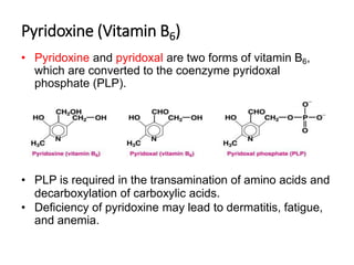 Pyridoxine (Vitamin B6)
• Pyridoxine and pyridoxal are two forms of vitamin B6,
which are converted to the coenzyme pyridoxal
phosphate (PLP).
• PLP is required in the transamination of amino acids and
decarboxylation of carboxylic acids.
• Deficiency of pyridoxine may lead to dermatitis, fatigue,
and anemia.
 