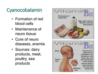 Cyanocobalamin
• Formation of red
blood cells
• Maintenance of
neuro tissue
• Cure of neuro
diseases, anemia
• Sources: dairy
products, meat,
poultry, sea
products
 
