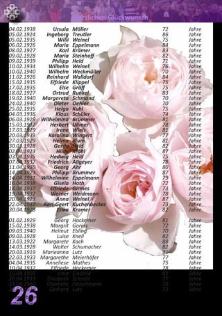 26Liebe Jubilare, sollten Sie Einwände gegen die Veröffentlichung Ihres Geburtstages im Kirchen-
boten haben, melden Sie sich bitte im Pfarramt. Telefon 8988. Vielen Dank
Herzlichen Glückwunsch
04.02.1938	 Ursula	 Möller		 72	 Jahre
05.02.1924	 Ingeborg	 Treutler		 86	 Jahre
05.02.1935	 Willi	 Weinel		 75	 Jahre
06.02.1926	 Maria	 Eppelmann		 84	 Jahre
08.02.1927	 Karl	 Krämer		 83	 Jahre
09.02.1928	 Maria	 Steinhoff		 82	 Jahre
09.02.1939	 Philipp	 Held		 71	 Jahre
10.02.1934	 Wilhelm	 Weinel		 76	 Jahre
10.02.1940	 Wilhelm	 Weckmüller		 70	 Jahre
11.02.1926	 Reinhard	 Walldorf		 84	 Jahre
15.02.1935	 Elfriede	 Klippel		 75	 Jahre
17.02.1935	 Else	 Gräff		 75	 Jahre
18.02.1927	 Ortrud	 Runkel		 83	 Jahre
19.02.1940	 Margareta	 Schmand		 70	 Jahre
24.02.1940	 Dieter	 Oehler		 70	 Jahre
25.02.1935	 Helga	 Kuhl		 75	 Jahre
04.03.1936	 Klaus	 Schüler		 74	 Jahre
06.03.1929	 Wilhelmina	 Brummer		 81	 Jahre
15.03.1932	 Herbert	 Ullmer		 78	 Jahre
17.03.1929	 Irene	 Wiels		 81	 Jahre
20.03.1933	 Karolina	 Wingert		 77	 Jahre
27.03.1929	 Helma	 Blum		 81	 Jahre
30.03.1928	 Gerda	 Held		 82	 Jahre
02.04.1923	 Hilde	 Kröhl		 87	 Jahre
03.04.1935	 Hedwig	 Held		 75	 Jahre
07.04.1932	 Friedrich	 Allgeyer		 78	 Jahre
11.04.1930	 Georg	 Ahr		 80	 Jahre
14.04.1923	 Philipp	 Brummer		 87	 Jahre
14.04.1931	 Wilhelmine	 Eppelmann		 79	 Jahre
16.04.1938	 Gisela	 Hoth		 72	 Jahre
18.04.1937	 Elfriede	 Girmes		 73	 Jahre
19.04.1932	 Werner	 Weidmann		 78	 Jahre
20.04.1923	 Anna	 Weinel		 87	 Jahre
22.04.1937	 Karl-Geert	 Kuchenbecker	 	 73	 Jahre
30.04.1928	 Erika	 Kramer		 82	 Jahre
01.02.1929	 Georg	 Hackemer		 81 	 Jahre	
15.02.1938	 Margrit	 Gorius		 72	 Jahre
09.03.1940	 Helmut	 Ebling		 70	 Jahre
09.03.1928	 Luise	 Knell		 82	 Jahre
13.03.1922	 Margarete	 Koch		 88	 Jahre
14.03.1928	 Walter	 Schumacher		 82	 Jahre
20.03.1919	 Marieanna	 Lutz		 91	 Jahre
22.03.1933	 Margarethe	 Meierhöfer		 77	 Jahre
04.04.1935	 Anneliese	 Mathes		 75	 Jahre
10.04.1932	 Elfriede	 Hackemer		 78	 Jahre
15.04.1929	 Irma	 Einsfeld		 81	 Jahre
20.04.1933	 Elisabeth	 Schmitt		 77	 Jahre
24.04.1940	 Charlotte	 Fleischmann		 70	 Jahre
28.04.1938	 Gerhard	 Lutz		 72	 Jahre
 