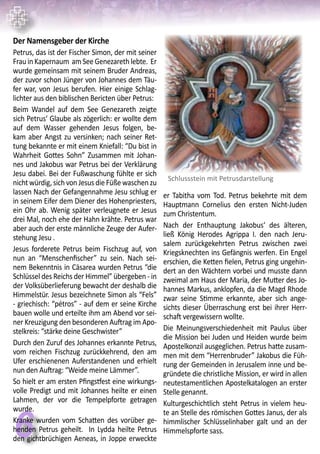 66
Schlussstein mit Petrusdarstellung
Der Namensgeber der Kirche
Petrus, das ist der Fischer Simon, der mit seiner
Frau in Kapernaum am See Genezareth lebte. Er
wurde gemeinsam mit seinem Bruder Andreas,
der zuvor schon Jünger von Johannes dem Täu-
fer war, von Jesus berufen. Hier einige Schlag-
lichter aus den biblischen Bericten über Petrus:
Beim Wandel auf dem See Genezareth zeigte
sich Petrus‘ Glaube als zögerlich: er wollte dem
auf dem Wasser gehenden Jesus folgen, be-
kam aber Angst zu versinken; nach seiner Ret-
tung bekannte er mit einem Kniefall: “Du bist in
Wahrheit Gottes Sohn” Zusammen mit Johan-
nes und Jakobus war Petrus bei der Verklärung
Jesu dabei. Bei der Fußwaschung fühlte er sich
nicht würdig, sich von Jesus die Füße waschen zu
lassen Nach der Gefangennahme Jesu schlug er
in seinem Eifer dem Diener des Hohenpriesters,
ein Ohr ab. Wenig später verleugnete er Jesus
drei Mal, noch ehe der Hahn krähte. Petrus war
aber auch der erste männliche Zeuge der Aufer-
stehung Jesu .
Jesus forderete Petrus beim Fischzug auf, von
nun an “Menschenfischer” zu sein. Nach sei-
nem Bekenntnis in Cäsarea wurden Petrus “die
Schlüssel des Reichs der Himmel” übergeben - in
der Volksüberlieferung bewacht der deshalb die
Himmelstür. Jesus bezeichnete Simon als “Fels”
- griechisch: “pétros” - auf dem er seine Kirche
bauen wolle und erteilte ihm am Abend vor sei-
ner Kreuzigung den besonderen Auftrag im Apo-
stelkreis: “stärke deine Geschwister”
Durch den Zuruf des Johannes erkannte Petrus,
vom reichen Fischzug zurückkehrend, den am
Ufer erschienenen Auferstandenen und erhielt
nun den Auftrag: “Weide meine Lämmer”.
So hielt er am ersten Pfingstfest eine wirkungs-
volle Predigt und mit Johannes heilte er einen
Lahmen, der vor die Tempelpforte getragen
wurde.
Kranke wurden vom Schatten des vorüber ge-
henden Petrus geheilt. In Lydda heilte Petrus
den gichtbrüchigen Aeneas, in Joppe erweckte
er Tabitha vom Tod. Petrus bekehrte mit dem
Hauptmann Cornelius den ersten Nicht-Juden
zum Christentum.
Nach der Enthauptung Jakobus‘ des älteren,
ließ König Herodes Agrippa I. den nach Jeru-
salem zurückgekehrten Petrus zwischen zwei
Kriegsknechten ins Gefängnis werfen. Ein Engel
erschien, die Ketten fielen, Petrus ging ungehin-
dert an den Wächtern vorbei und musste dann
zweimal am Haus der Maria, der Mutter des Jo-
hannes Markus, anklopfen, da die Magd Rhode
zwar seine Stimme erkannte, aber sich ange-
sichts dieser Überraschung erst bei ihrer Herr-
schaft vergewissern wollte.
Die Meinungsverschiedenheit mit Paulus über
die Mission bei Juden und Heiden wurde beim
Apostelkonzil ausgeglichen. Petrus hatte zusam-
men mit dem “Herrenbruder” Jakobus die Füh-
rung der Gemeinden in Jerusalem inne und be-
gründete die christliche Mission, er wird in allen
neutestamentlichen Apostelkatalogen an erster
Stelle genannt.
Kulturgeschichtlich steht Petrus in vielem heu-
te an Stelle des römischen Gottes Janus, der als
himmlischer Schlüsselinhaber galt und an der
Himmelspforte sass.
 