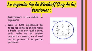 La segunda ley de Kirchoff (Ley de las
tensiones :
Básicamente la ley indica lo
siguiente:
● Que la suma algebraica de
todos los voltajes en una malla
o bucle debe ser igual a cero,
cada malla es un camino
conductor cerrado, en el cual
no se genera ni se pierde
potencial.
 