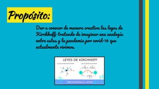 Propósito:
Dar a conocer de manera creativa las leyes de
Kirchhoff; tratando de imaginar una analogía
entre estas y la pandemia por covid-19 que
actualmente vivimos.
 