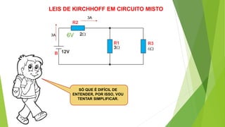 SÓ QUE É DIFÍCIL DE
ENTENDER, POR ISSO, VOU
TENTAR SIMPLIFICAR.
LEIS DE KIRCHHOFF EM CIRCUITO MISTO
3A
3A
6V