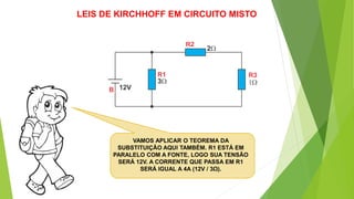 VAMOS APLICAR O TEOREMA DA
SUBSTITUIÇÃO AQUI TAMBÉM. R1 ESTÁ EM
PARALELO COM A FONTE, LOGO SUA TENSÃO
SERÁ 12V. A CORRENTE QUE PASSA EM R1
SERÁ IGUAL A 4A (12V / 3Ω).
LEIS DE KIRCHHOFF EM CIRCUITO MISTO