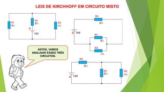ANTES, VAMOS
ANALISAR ESSES TRÊS
CIRCUITOS.
LEIS DE KIRCHHOFF EM CIRCUITO MISTO