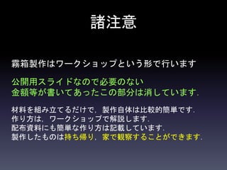 諸注意
霧箱製作はワークショップという形で行います
公開用スライドなので必要のない
金額等が書いてあったこの部分は消しています．
材料を組み立てるだけで，製作自体は比較的簡単です．
作り方は，ワークショップで解説します．
配布資料にも簡単な作り方は記載しています．
製作したものは持ち帰り，家で観察することができます．
 