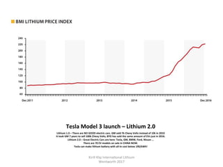 Tesla	Model	3	launch	–	Lithium	2.0	
Lithium	1.0	–	There	are	NO	GOOD	electric	cars.	GM	sold	7k	Chevy	Volts	instead	of	10k	in	2010	
It	took	GM	7	years	to	sell	100k	Chevy	Volts,	BYD	has	sold	the	same	amount	of	EVs	just	in	2016.	
Lithium	2.0	–	Great	Electric	Cars	are	here:	Tesla,	GM,	BMW,	Ford,	Nissan	…		
There	are	70	EV	models	on	sale	in	CHINA	NOW.	
Tesla	can	make	lithium	baTery	with	all-in	cost	below	190/kWh!	
	
Kirill	Klip	Interna,onal	Lithium				
Wentworth	2017		
 