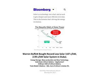 Warren	BuﬀeT	Bought	Record	Low	Solar	3.87	c/kW,	
2.99	c/kW	Solar	System	in	Dubai.	
Energy	Storage.	Mass	producHon	and	New	Technology.	
Solid	State	Lithium	BaTery	–	Gigafactory?	
$100	per	kWh	of	Lithium	BaTery.	
Tesla	Model	3	BaTery	–	$6k,	Cost	of	Lithium	is	below	3%.	
	
Kirill	Klip	Interna,onal	Lithium				
Wentworth	2017		
 