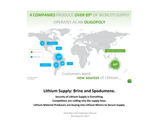 Lithium	Supply:	Brine	and	Spodumene.	
Security	of	Lithium	Supply	is	Everything.	
CompeHtors	are	cuung	into	the	supply	lines.	
Lithium	Material	Producers	are	buying	into	Lithium	Miners	to	Secure	Supply.	
Kirill	Klip	Interna,onal	Lithium				
Wentworth	2017		
 