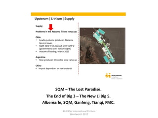 SQM	–	The	Lost	Paradise.	
The	End	of	Big	3	–	The	New	Li	Big	5.	
Albemarle,	SQM,	Ganfeng,	Tianqi,	FMC.	
Kirill	Klip	Interna,onal	Lithium				
Wentworth	2017		
 
