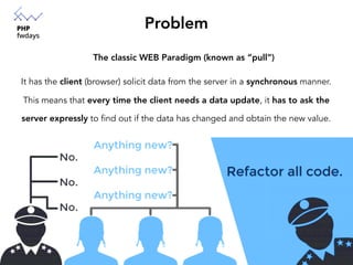 Problem
The classic WEB Paradigm (known as “pull”)
It has the client (browser) solicit data from the server in a synchrono...