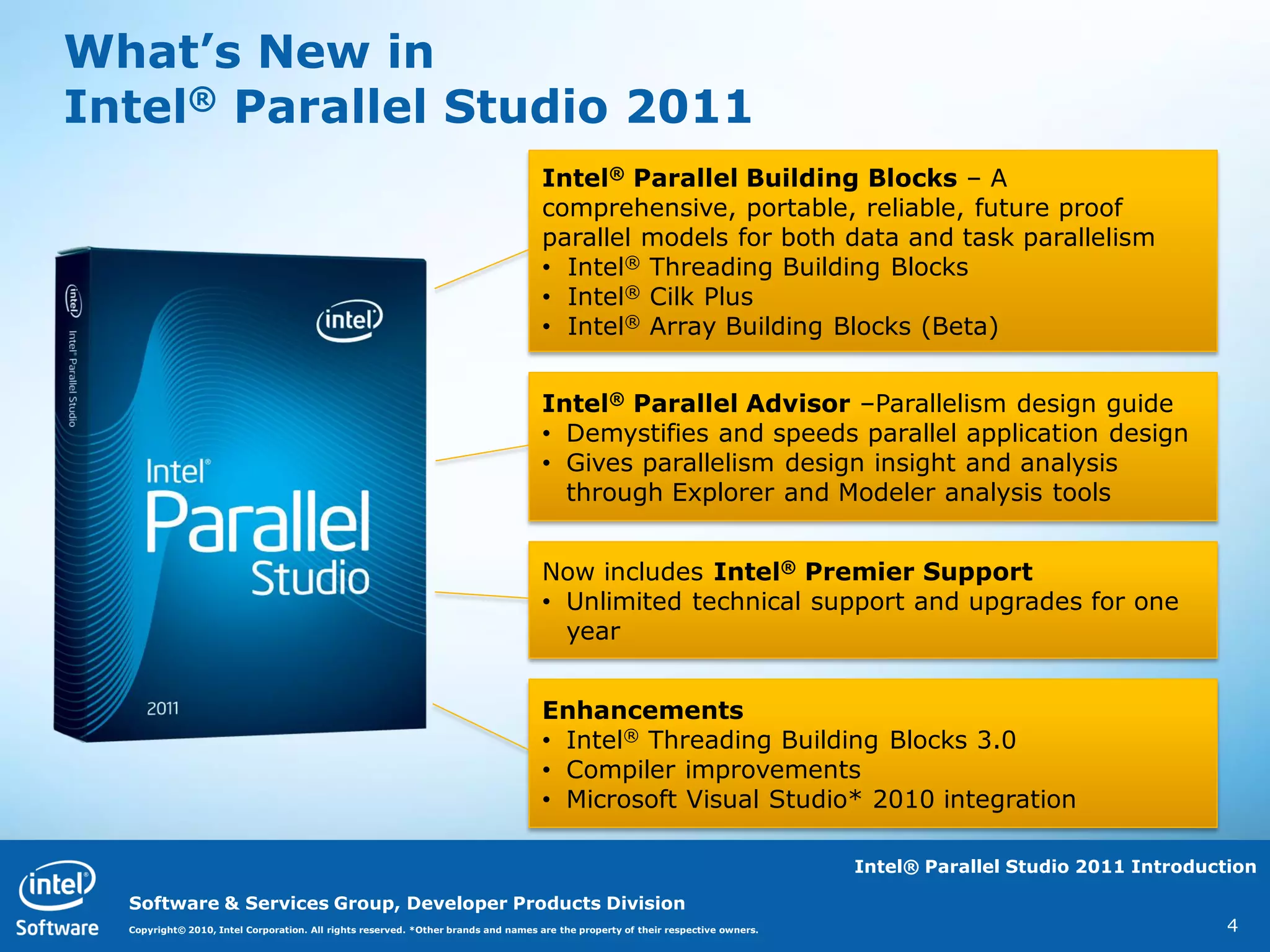 What’s New in
Intel® Parallel Studio 2011
                                                                                    Intel® Parallel Building Blocks – A
                                                                                    comprehensive, portable, reliable, future proof
                                                                                    parallel models for both data and task parallelism
                                                                                    • Intel® Threading Building Blocks
                                                                                    • Intel® Cilk Plus
                                                                                    • Intel® Array Building Blocks (Beta)


                                                                                    Intel® Parallel Advisor –Parallelism design guide
                                                                                    • Demystifies and speeds parallel application design
                                                                                    • Gives parallelism design insight and analysis
                                                                                      through Explorer and Modeler analysis tools


                                                                                    Now includes Intel® Premier Support
                                                                                    • Unlimited technical support and upgrades for one
                                                                                      year


                                                                                    Enhancements
                                                                                    • Intel® Threading Building Blocks 3.0
                                                                                    • Compiler improvements
                                                                                    • Microsoft Visual Studio* 2010 integration

                                                                                                                                  Intel® Parallel Studio 2011 Introduction

  Software & Services Group, Developer Products Division
  Copyright© 2010, Intel Corporation. All rights reserved. *Other brands and names are the property of their respective owners.                                        4
 