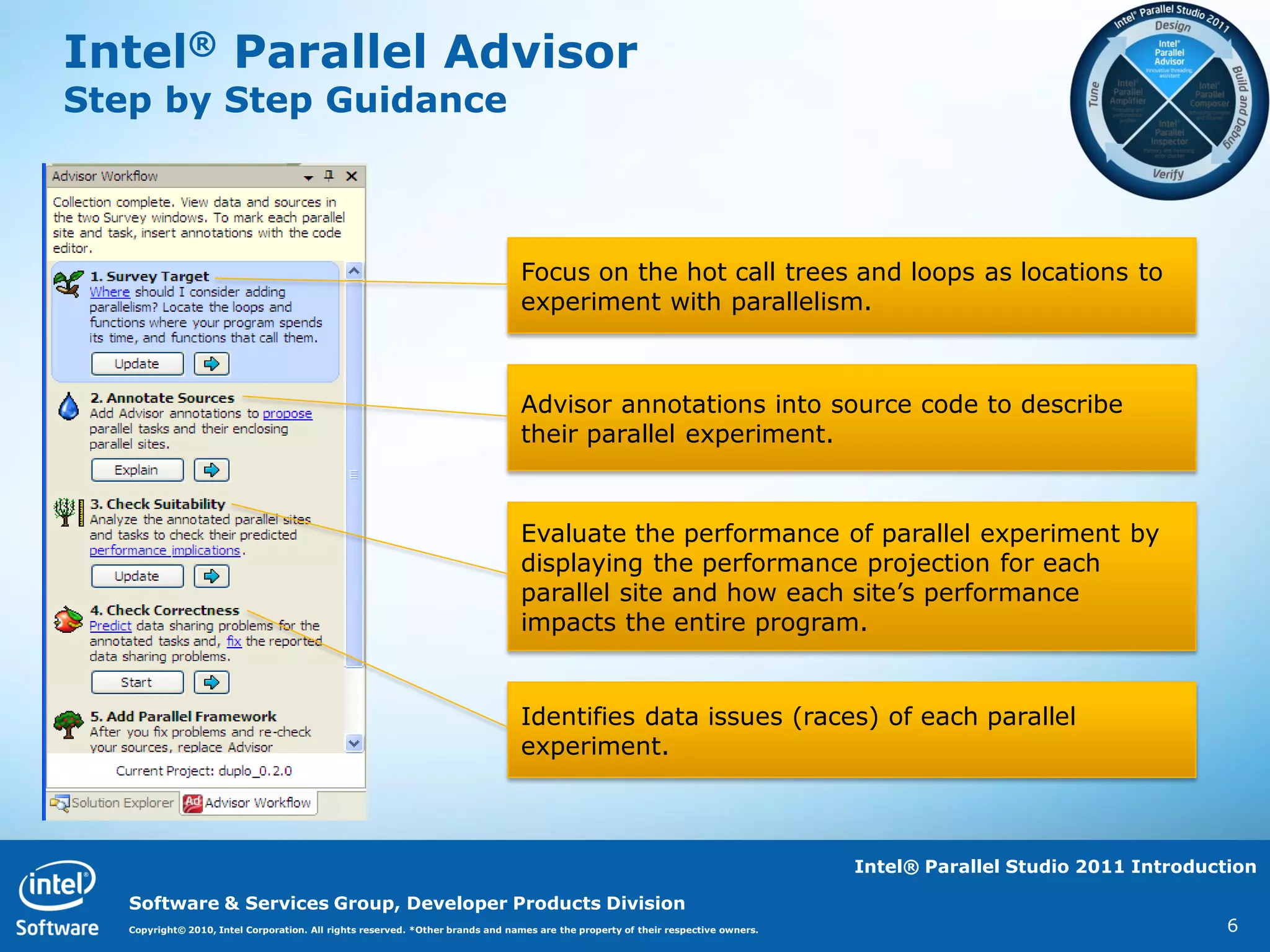 Intel® Parallel Advisor
Step by Step Guidance



                                                                                Focus on the hot call trees and loops as locations to
                                                                                experiment with parallelism.



                                                                                Advisor annotations into source code to describe
                                                                                their parallel experiment.



                                                                                Evaluate the performance of parallel experiment by
                                                                                displaying the performance projection for each
                                                                                parallel site and how each site‟s performance
                                                                                impacts the entire program.


                                                                                Identifies data issues (races) of each parallel
                                                                                experiment.



                                                                                                                                   Intel® Parallel Studio 2011 Introduction

   Software & Services Group, Developer Products Division
   Copyright© 2010, Intel Corporation. All rights reserved. *Other brands and names are the property of their respective owners.                                        6
 