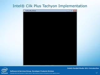 Intel® Cilk Plus Tachyon Implementation




                                                                                                                                Intel® Parallel Studio 2011 Introduction

Software & Services Group, Developer Products Division
Copyright© 2010, Intel Corporation. All rights reserved. *Other brands and names are the property of their respective owners.                                      17
 