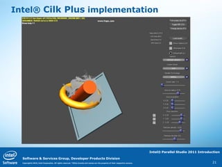 Intel® Cilk Plus implementation




                                                                                                                                  Intel® Parallel Studio 2011 Introduction

  Software & Services Group, Developer Products Division
  Copyright© 2010, Intel Corporation. All rights reserved. *Other brands and names are the property of their respective owners.                                      21
 