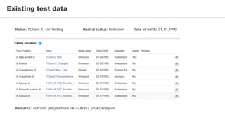 Existing test data
Name: TClient 1, for Testing Marital status: Unknown Date of birth: 01.01.1990
Remarks: asdfasdf jkihjihefhew 74747473y7 jrhjkrjkrjkjker
 