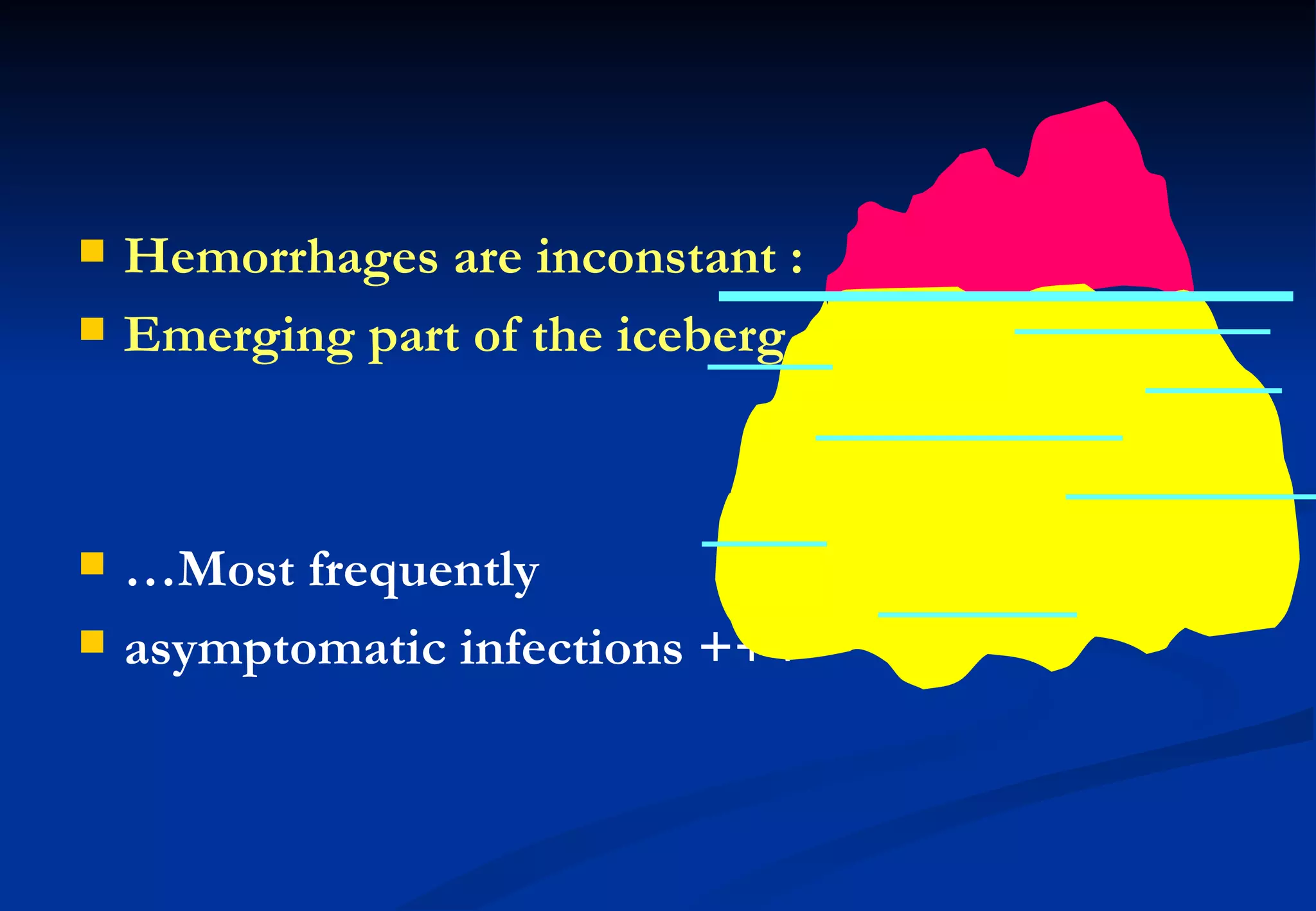 Hemorrhages are inconstant : Emerging part of the iceberg … Most frequently asymptomatic infections +++ 