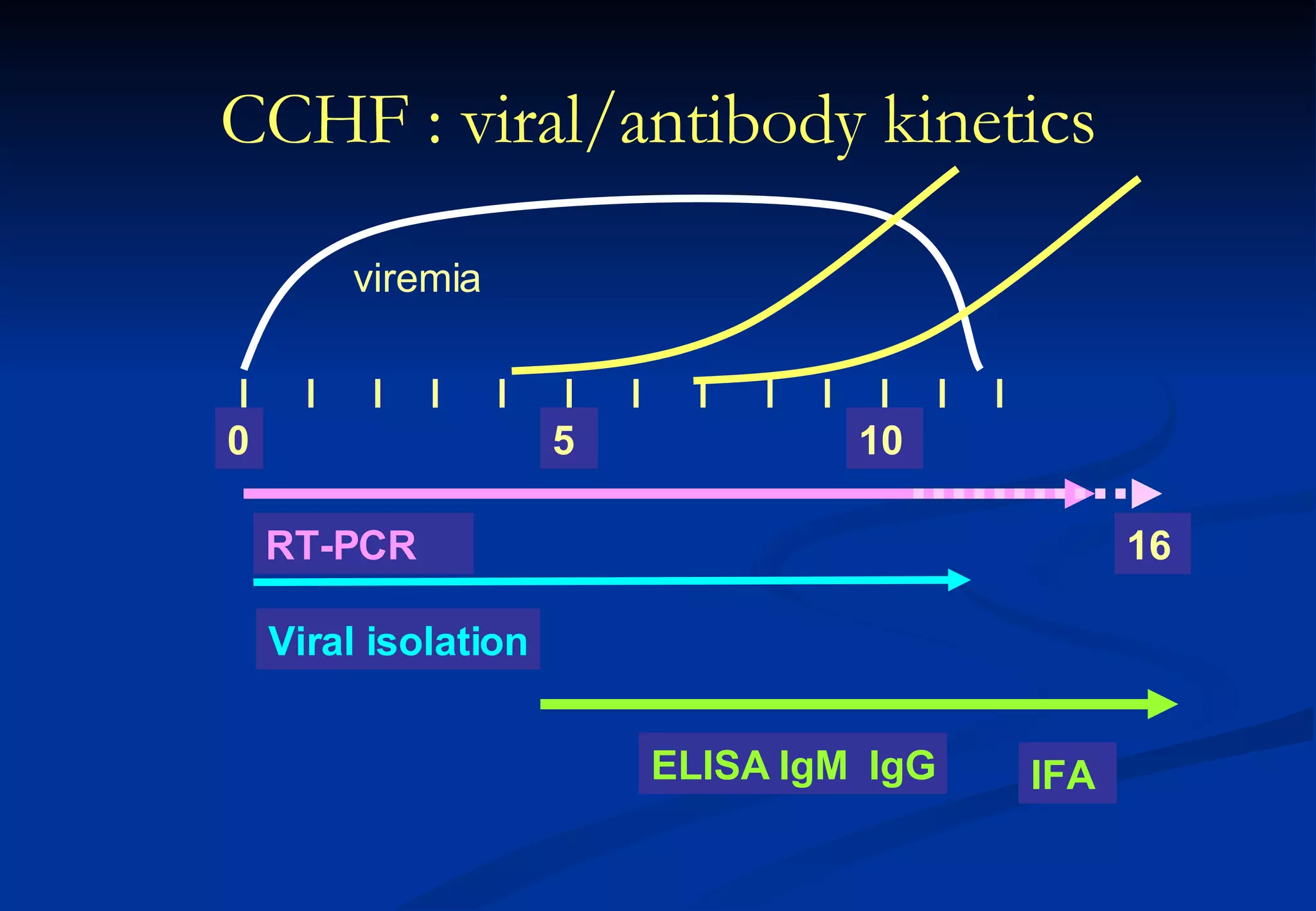 CCHF : viral/antibody kinetics viremia 5 RT-PCR ELISA IgM  IgG IFA Viral isolation 0 10 16 