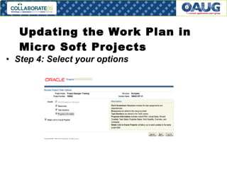 Updating the Work Plan in Micro Soft Projects Step 4: Select your options 