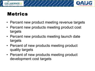 Metrics  Percent new product meeting revenue targets Percent new products meeting product cost targets Percent new products meeting launch date targets Percent of new products meeting product quality targets Percent of new products meeting product development cost targets 