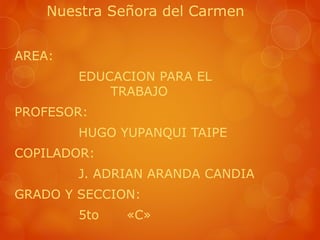 Nuestra Señora del Carmen 
AREA: 
EDUCACION PARA EL 
TRABAJO 
PROFESOR: 
HUGO YUPANQUI TAIPE 
COPILADOR: 
J. ADRIAN ARANDA CANDIA 
GRADO Y SECCION: 
5to «C» 
 