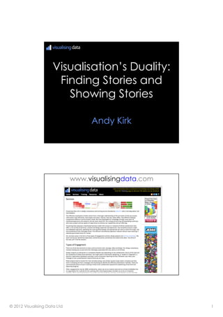 © 2012 Visualising Data Ltd 1
Visualisation’s Duality:
Finding Stories and
Showing Stories
Andy Kirk
www.visualisingdata.com
 