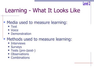 Learning - What It Looks Like Media used to measure learning: Text Voice Demonstration Methods used to measure learning: Interviews Surveys Tests (pre-/post-) Observations Combinations Level 2 