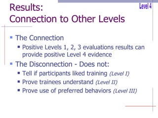 Results: Connection to Other Levels The Connection Positive Levels 1, 2, 3 evaluations results can provide positive Level 4 evidence The Disconnection - Does not: Tell if participants liked training  (Level I) Prove trainees understand  (Level II) Prove use of preferred behaviors  (Level III) Level 4 