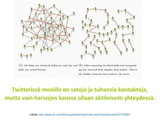 Twitterissä monilla on satoja ja tuhansia kontakteja,  mutta vain harvojen kanssa ollaan aktiivisesti yhteydessä.  Lähde:  http://www.uic.edu/htbin/cgiwrap/bin/ojs/index.php/fm/article/view/2317/2063   