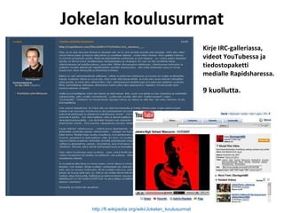 Jokelan koulusurmat Kirje IRC-galleriassa, videot YouTubessa ja tiedostopaketti medialle Rapidsharessa. 9 kuollutta. http ://fi.wikipedia.org/wiki/Jokelan_koulusurmat   