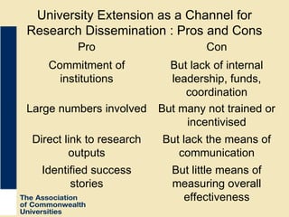 University Extension as a Channel for Research Dissemination : Pros and Cons But little means of measuring overall effectiveness Identified success stories But lack the means of communication Direct link to research outputs But many not trained or incentivised Large numbers involved But lack of internal leadership, funds, coordination Commitment of institutions Con Pro 
