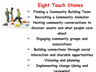Eight Touch Stones
➢ Finding a Community Building Team
➢ Recruiting a Community Animator
➢ Hosting community conversations to
discover assets and what people care
about
➢ Engaging community groups and
associations
➢ Building connections through social
interaction and sharable opportunities
➢ Visioning and planning
➢ Implementing change (doing and
 