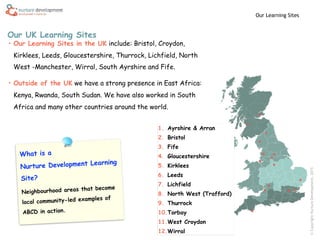 ©CopyrightNurtureDevelopment,2015
• Our Learning Sites in the UK include: Bristol, Croydon,
Kirklees, Leeds, Gloucestershire, Thurrock, Lichfield, North
West -Manchester, Wirral, South Ayrshire and Fife.
• Outside of the UK we have a strong presence in East Africa:
Kenya, Rwanda, South Sudan. We have also worked in South
Africa and many other countries around the world.
What is a
Nurture Development Learning
Site?
Neighbourhood areas that become
local community-led examples of
ABCD in action.
Our Learning Sites
1. Ayrshire & Arran
2. Bristol
3. Fife
4. Gloucestershire
5. Kirklees
6. Leeds
7. Lichfield
8. North West (Trafford)
9. Thurrock
10.Torbay
11.West Croydon
12.Wirral
Our UK Learning Sites
 