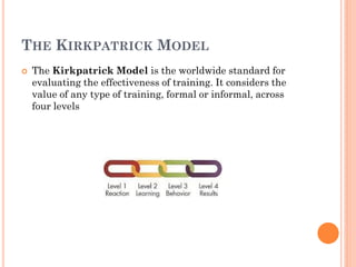 THE KIRKPATRICK MODEL
 The Kirkpatrick Model is the worldwide standard for
evaluating the effectiveness of training. It considers the
value of any type of training, formal or informal, across
four levels
 