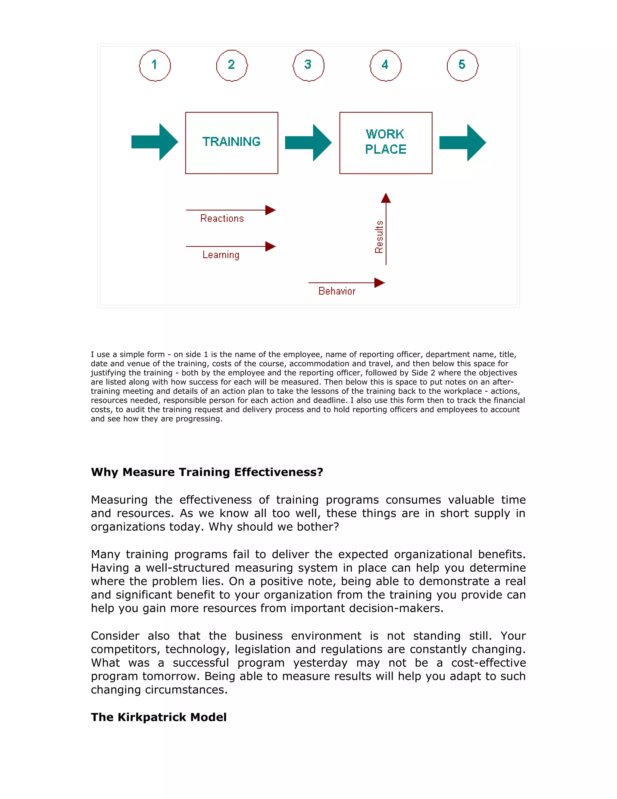 I use a simple form - on side 1 is the name of the employee, name of reporting officer, department name, title,
date and venue of the training, costs of the course, accommodation and travel, and then below this space for
justifying the training - both by the employee and the reporting officer, followed by Side 2 where the objectives
are listed along with how success for each will be measured. Then below this is space to put notes on an after-
training meeting and details of an action plan to take the lessons of the training back to the workplace - actions,
resources needed, responsible person for each action and deadline. I also use this form then to track the financial
costs, to audit the training request and delivery process and to hold reporting officers and employees to account
and see how they are progressing.




Why Measure Training Effectiveness?

Measuring the effectiveness of training programs consumes valuable time
and resources. As we know all too well, these things are in short supply in
organizations today. Why should we bother?

Many training programs fail to deliver the expected organizational benefits.
Having a well-structured measuring system in place can help you determine
where the problem lies. On a positive note, being able to demonstrate a real
and significant benefit to your organization from the training you provide can
help you gain more resources from important decision-makers.

Consider also that the business environment is not standing still. Your
competitors, technology, legislation and regulations are constantly changing.
What was a successful program yesterday may not be a cost-effective
program tomorrow. Being able to measure results will help you adapt to such
changing circumstances.

The Kirkpatrick Model
 