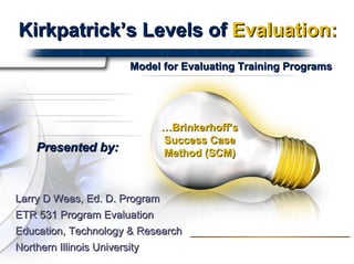 Kirkpatrick’s Levels of  Evaluation:   Larry D Weas, Ed. D. Program ETR 531 Program Evaluation Education, Technology & Research Northern Illinois University Model for Evaluating Training Programs Presented by: … Brinkerhoff’s Success Case Method (SCM) 