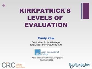 +
    KIRKPATRICK’S
      LEVELS OF
     EVALUATION

              Cindy Yew
       Curriculum Project Manager
      Knowledge Universe, CIRC-AIC




       Asian International College, Singapore
                 31 January 2012
 