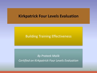 By Prateek Malik
Kirkpatrick Four Levels Evaluation
Building Training Effectiveness
1
By Prateek Malik
Certified on Kirkpatrick Four Levels Evaluation
 