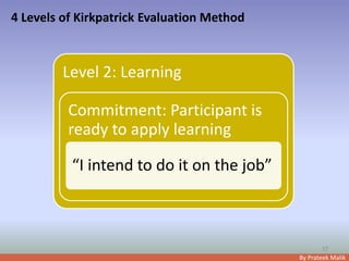 By Prateek Malik
4 Levels of Kirkpatrick Evaluation Method
17
Level 2: Learning
Commitment: Participant is
ready to apply learning
“I intend to do it on the job”
 