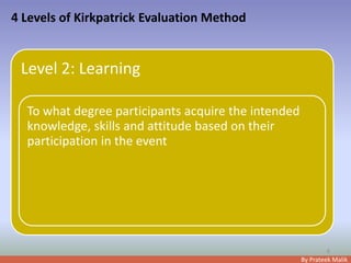 By Prateek Malik
4 Levels of Kirkpatrick Evaluation Method
6
Level 2: Learning
To what degree participants acquire the intended
knowledge, skills and attitude based on their
participation in the event
 