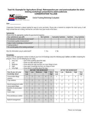 Tool-1A: Example for Agriculture (Crop): Retrospective pre- and post-evaluation for short
training workshops presented to adult audiences
CONSERVATION TILLAGE
End of Training Workshop Evaluation
Date: ______________
Cooperative Extension is always looking for ways to serve you better. Please take a moment to complete this short survey. It will
help us know how we’re doing, and how we can better meet your needs in the future.
Satisfaction
Please circle the appropriate number for your level of response.
How satisfied are you with: Not Satisfied Somewhat Satisfied Satisfied Very Satisfied
The relevance of information to your needs? 1 2 3 4
Presentation quality of instructor(s)? 1 2 3 4
Subject matter knowledge of instructor(s)? 1 2 3 4
Training facilities? 1 2 3 4
The overall quality of the training workshop? 1 2 3 4
Was the information easy to understand? 1. Yes 2. No
Knowledge:
Please circle the appropriate number to indicate your level of knowledge about the following topics before and after completing the
program. Please use the following key for rating:
1. Very Low = Don’t know anything about this topic.
2. Low = Know very little about this topic
3. Moderate = Know about this topic but there are more things to learn
4. High = Have good knowledge but there are things to learn
5. Very High = Know almost everything about this topic
How do you rate your
knowledge about:
BEFORE THIS WORKSHOP AFTER THIS WORKSHOP
Very
Low
Low Moderate High Very
High
Very
Low
Low Moderate High Very
High
Conservation tillage
systems.
1 2 3 4 5 1 2 3 4 5
Crop rotations. 1 2 3 4 5 1 2 3 4 5
Weed management under
conservation tillage.
1 2 3 4 5 1 2 3 4 5
Benefits of conservation
tillage.
1 2 3 4 5 1 2 3 4 5
Cover crops. 1 2 3 4 5 1 2 3 4 5
Pest and disease control. 1 2 3 4 5 1 2 3 4 5
Nutrient management. 1 2 3 4 5 1 2 3 4 5
Please see next page
 