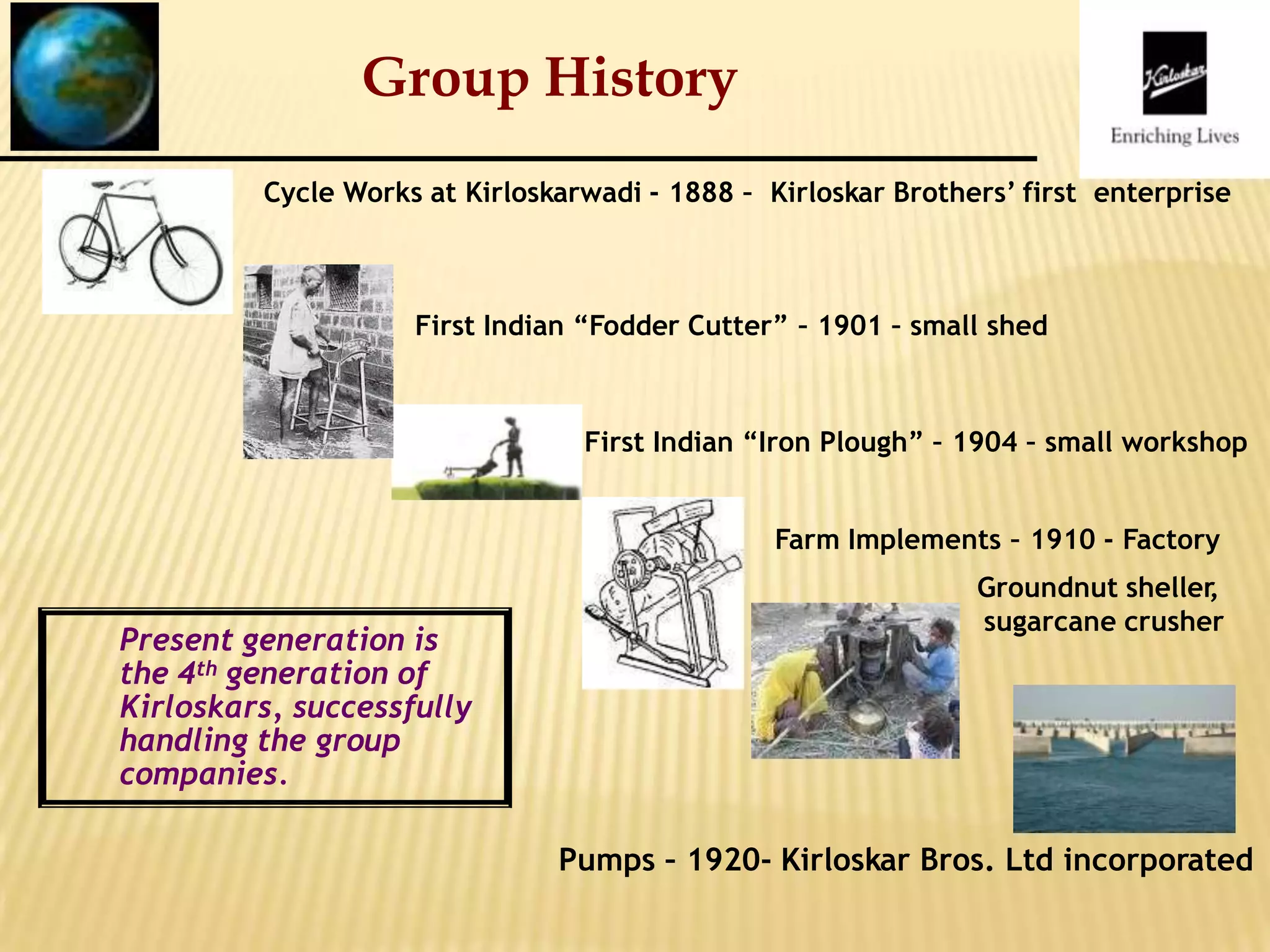 Group History
Cycle Works at Kirloskarwadi - 1888 – Kirloskar Brothers’ first enterprise
First Indian “Fodder Cutter” – 1901 – small shed
First Indian “Iron Plough” – 1904 – small workshop
Farm Implements – 1910 - Factory
Groundnut sheller,
sugarcane crusher
Pumps – 1920- Kirloskar Bros. Ltd incorporated
Present generation is
the 4th generation of
Kirloskars, successfully
handling the group
companies.
 