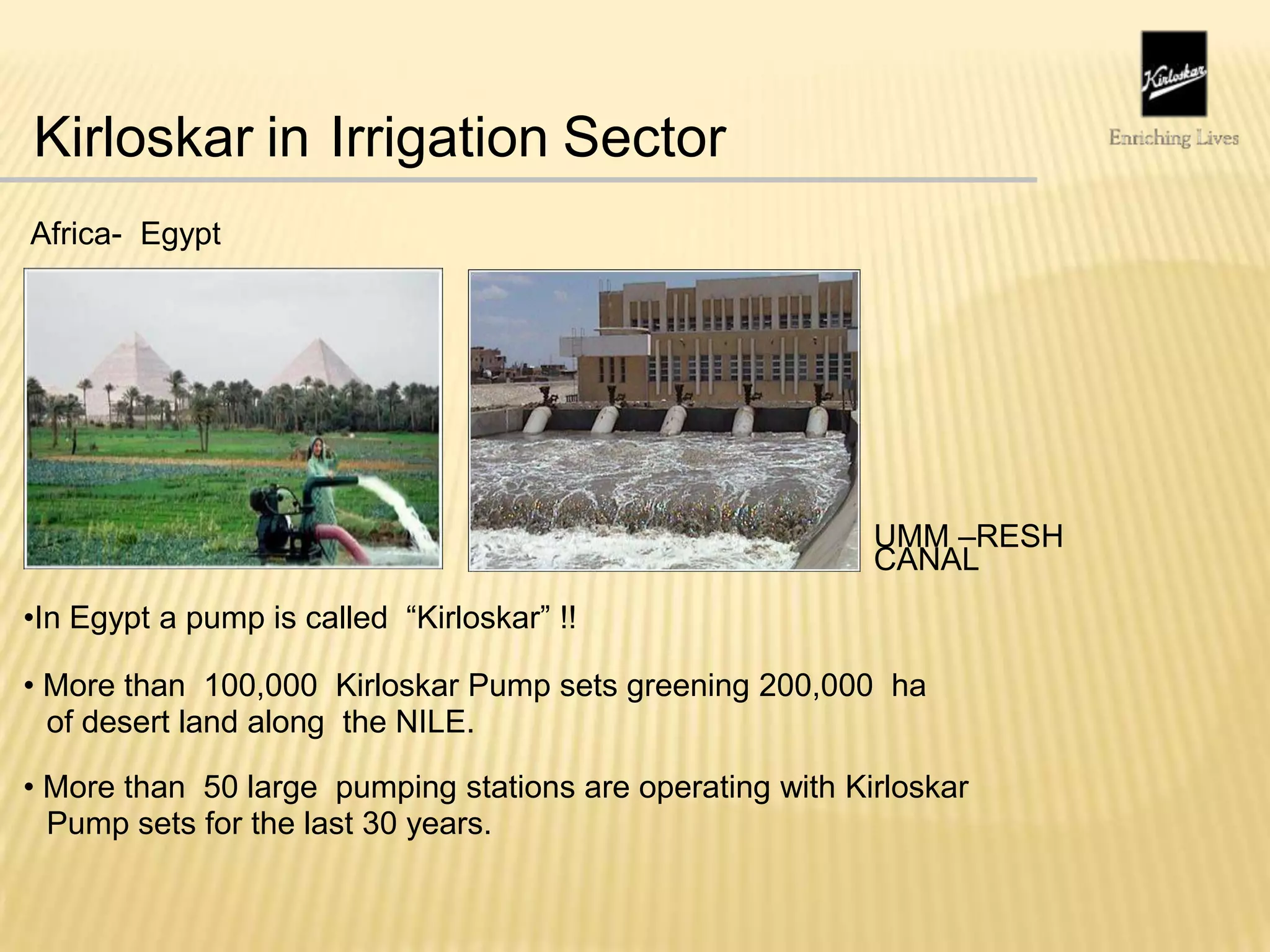 Kirloskar in Irrigation Sector
Africa- Egypt
UMM –RESH
CANAL
•In Egypt a pump is called “Kirloskar” !!
• More than 100,000 Kirloskar Pump sets greening 200,000 ha
of desert land along the NILE.
• More than 50 large pumping stations are operating with Kirloskar
Pump sets for the last 30 years.
 