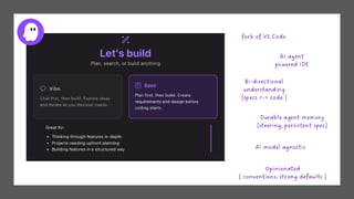 fork of VS Code
AI agent
powered IDE
Bi-directional
understanding
[specs <-> code ]
Opinionated
[ conventions, strong defaults ]
Durable agent memory
[steering, persistent spec]
AI model agnostic
 